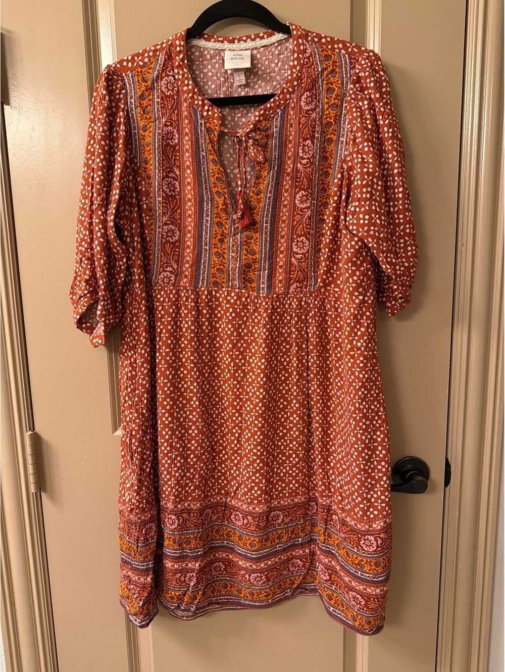Knox Rose Women's Large Boho Style Orange Printed Tunic Dress